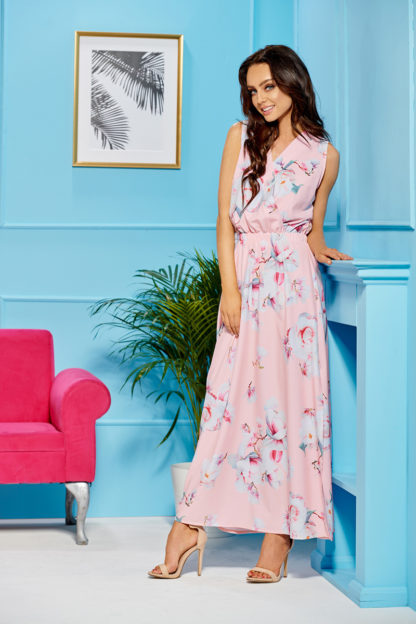Sukienka maxi z gumką w różowe kwiaty