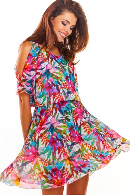 Sukienka z gumką i wyciętym rękawem w kolorowe kwiaty