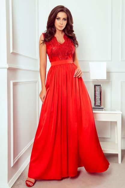 Długa suknia z koronkową górą czerwona