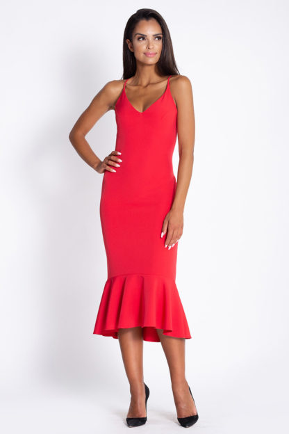 Ołówkowa sukienka z falbaną czerwona