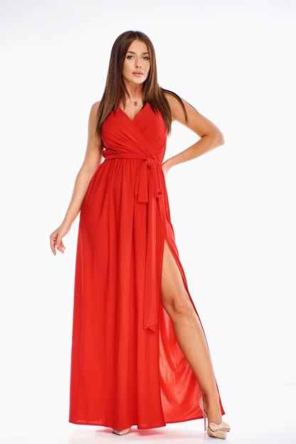 Zwiewna sukienka maxi z wiązaniem czerwona
