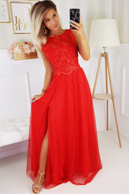 Długa suknia na wesele z haftowaną górą czerwona