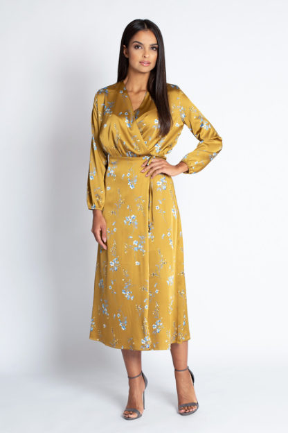Sukienka midi z kopertowym dekoltem żółta