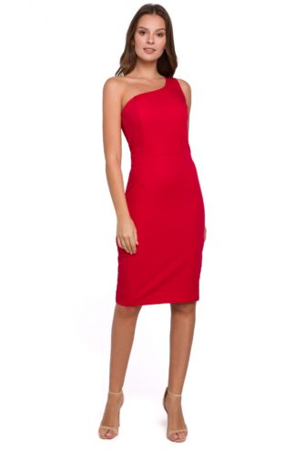 Ołówkowa sukienka na jedno ramię czerwona