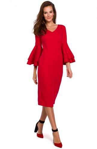 Sukienka midi z rękawami z falban czerwona