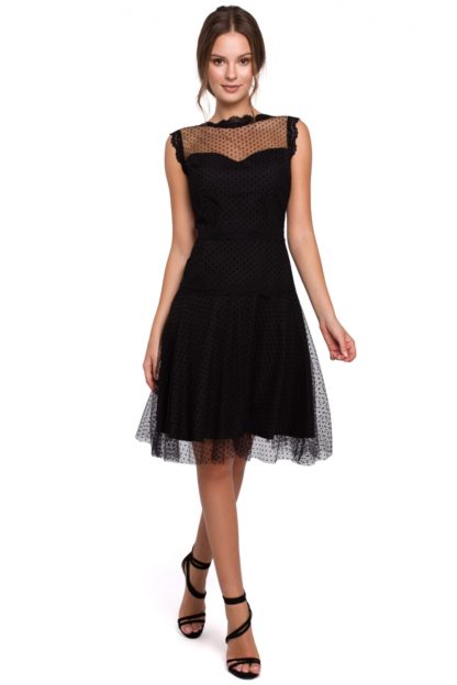 Tiulowa sukienka w groszki czarna