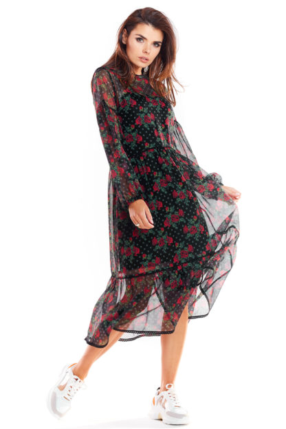 Sukienka midi z szyfonu w róże