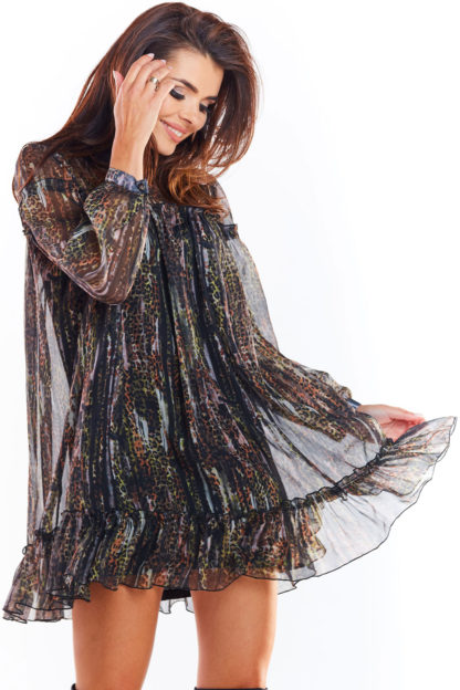 Sukienka mini z szyfonu w ciemne wzory