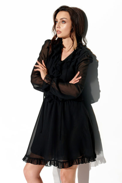Szyfonowa sukienka z żabotem czarna