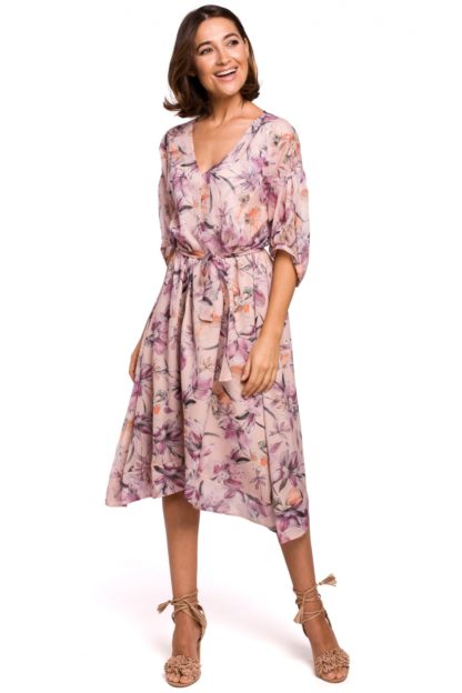 Asymetryczna sukienka z wiązaniem w kwiaty różowa