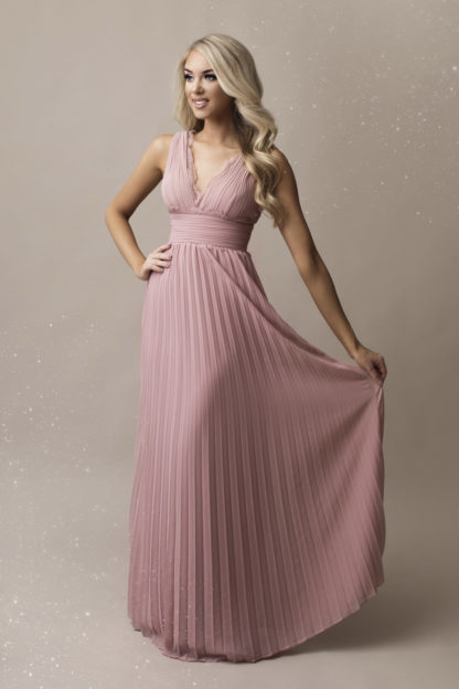 Plisowana sukienka maxi z koronką różowa