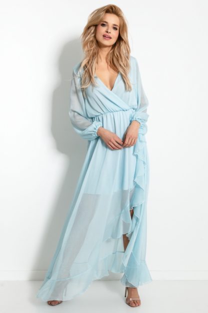 Szyfonowa sukienka maxi z falbanką błękitna