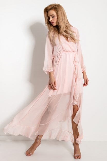 Szyfonowa sukienka maxi z falbanką różowa