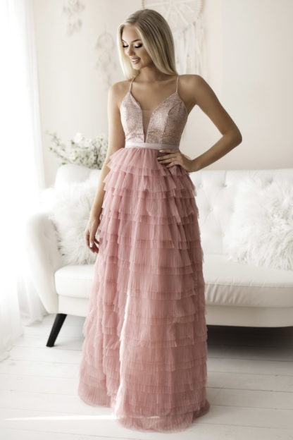 Ekskluzywna suknia z falban różowa
