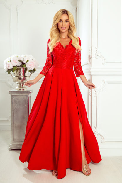 Sukienka maxi z koronkowymi rękawami czerwona