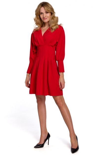 Sukienka mini z zakładkami i rękawem czerwona