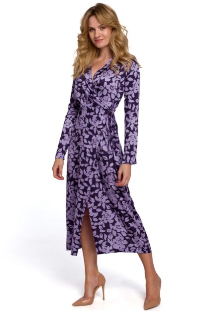 Sukienka midi z kopertowym dekoltem fioletowa