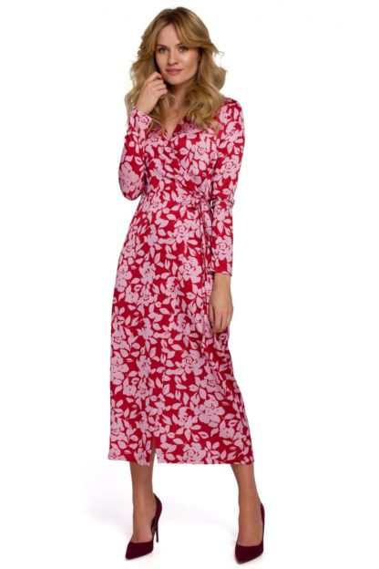 Sukienka midi z kopertowym dekoltem czerwona
