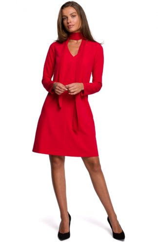 Trapezowa sukienka z szyfonowym szalem czerwona