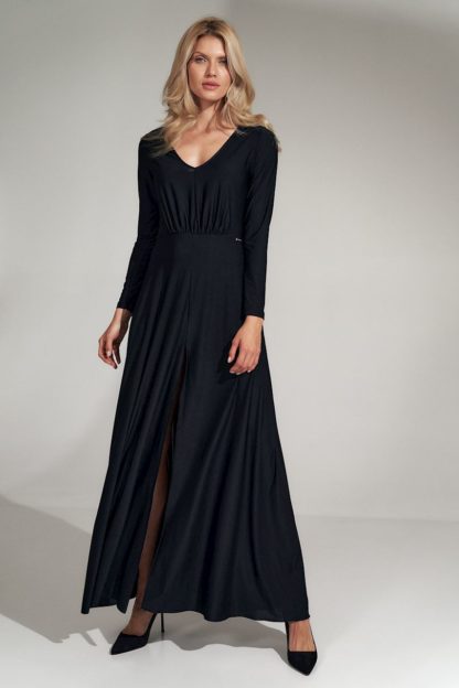 Długa sukienka z dekoltem i rękawem czarna