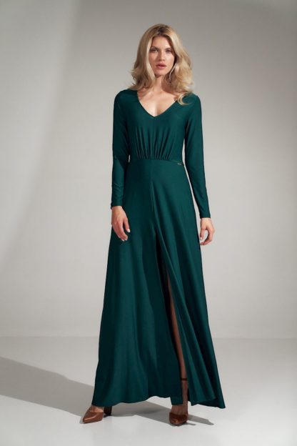 Długa sukienka z dekoltem i rękawem zielona