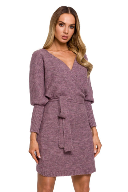 Swetrowa sukienka z wiązaniem fioletowa