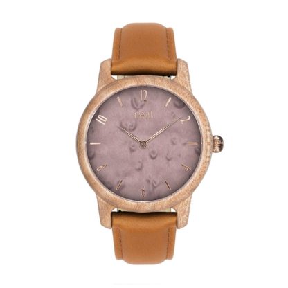 Drewniany zegarek ze skórzanym paskiem różowy