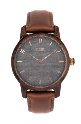 Drewniany zegarek ze skórzanym paskiem brązowy