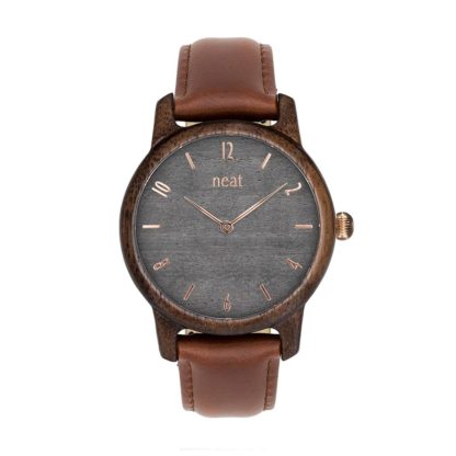 Drewniany zegarek ze skórzanym paskiem brązowy