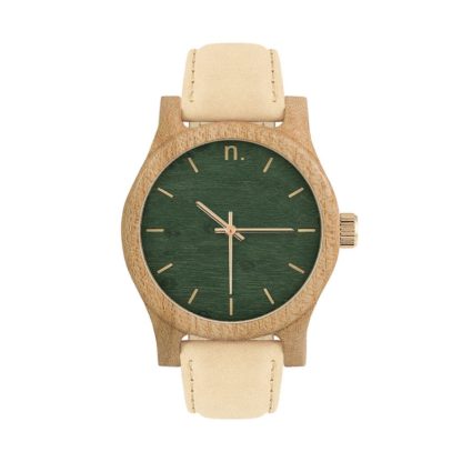 Drewniany zegarek damski beżowy z zieloną tarczą