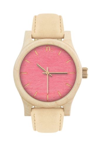 Drewniany zegarek damski beżowy z różową tarczą
