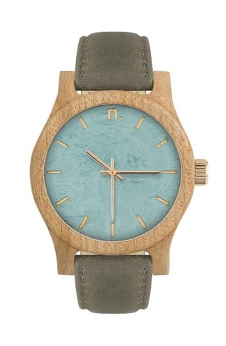 Drewniany zegarek damski z niebieską tarczą