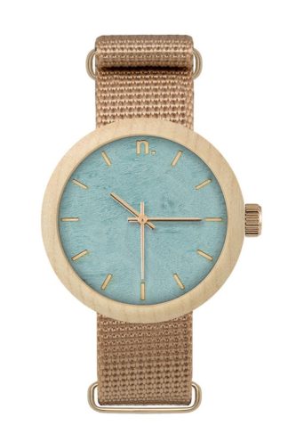 Drewniany zegarek damski na pasku z błękitną tarczą