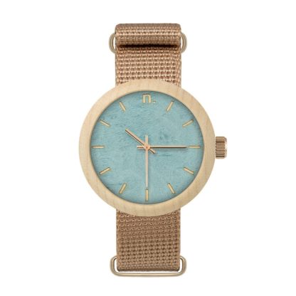 Drewniany zegarek damski na pasku z błękitną tarczą
