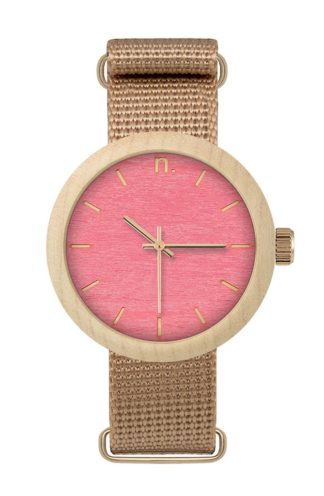 Drewniany zegarek damski na pasku z różową tarczą