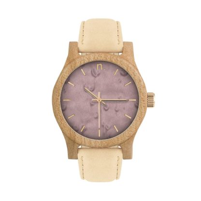 Drewniany zegarek damski beżowy z fioletową tarczą