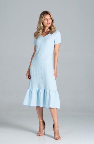 Sukienka midi z falbaną błękitna