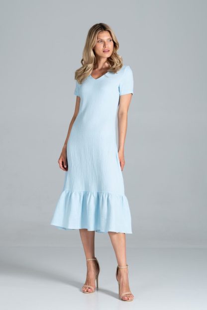 Sukienka midi z falbaną błękitna