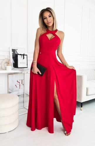 Długa suknia z wyciętym dekoltem czerwona