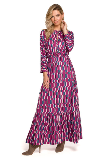 Elegancka długa sukienka we wzory fioletowa