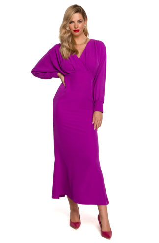 Elegancka długa sukienka z rękawami fioletowa