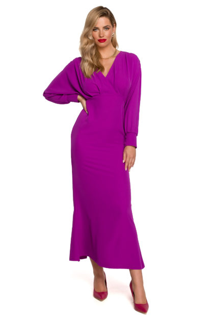 Elegancka długa sukienka z rękawami fioletowa