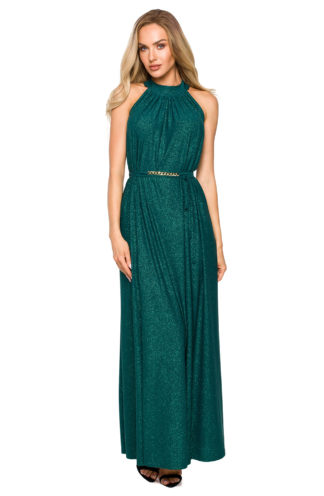 Błyszcząca sukienka maxi z dekoltem halter zielona