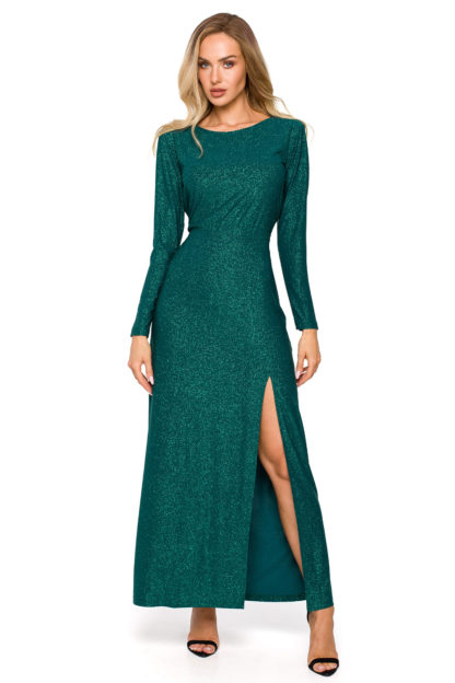 Błyszcząca długa sukienka z rękawami zielona