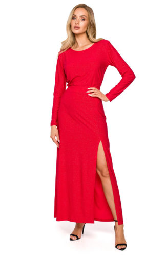 Błyszcząca długa sukienka z rękawami czerwona