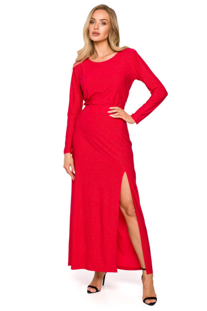 Błyszcząca długa sukienka z rękawami czerwona