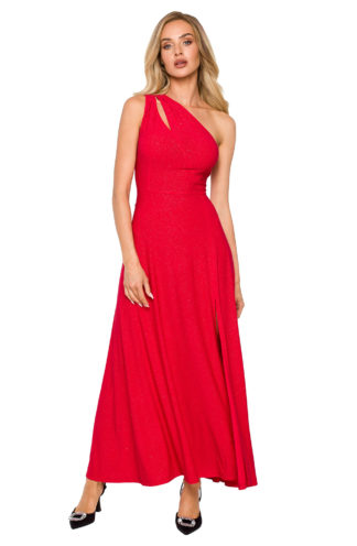 Błyszcząca sukienka maxi z rozcięciem czerwona