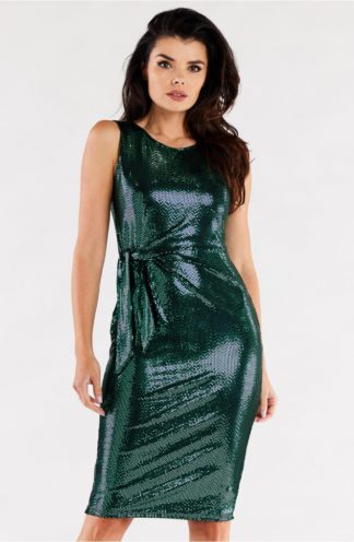 Błyszcząca sukienka midi z wiązaniem zielona