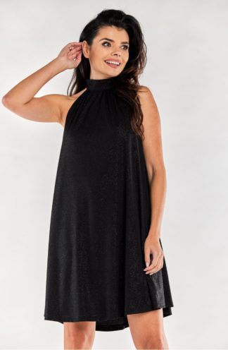 Błyszcząca sukienka z dekoltem halter czarna