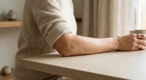 A professional editorial-style close-up of a woman’s soft, well-moisturized elbow resting on a clean